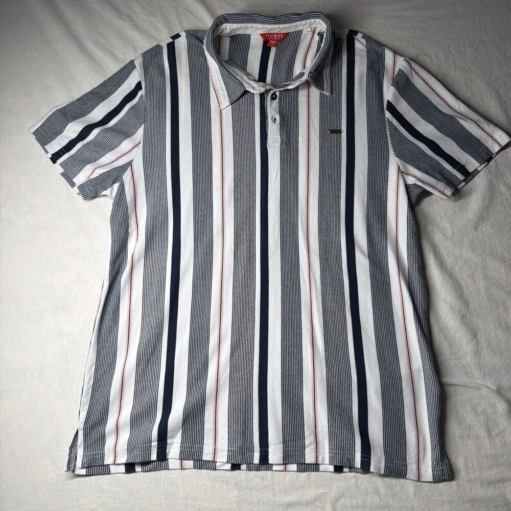 GUESS Mens Regular Fit Polo Shirt Large white Blue Striped Cotton